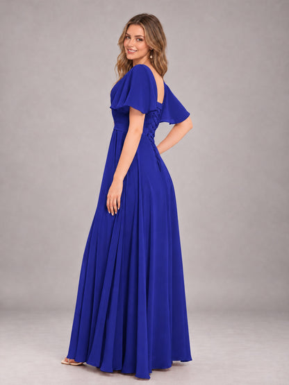 Royal Blue Trendy V-Neck Short Sleeves Chiffon Bridesmaid Dress With Pockets
