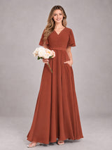 Trendy V-Neck Short Sleeves Chiffon Bridesmaid Dress With Pockets