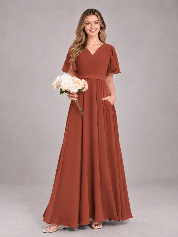 Rust Trendy V-Neck Short Sleeves Chiffon Bridesmaid Dress With Pockets