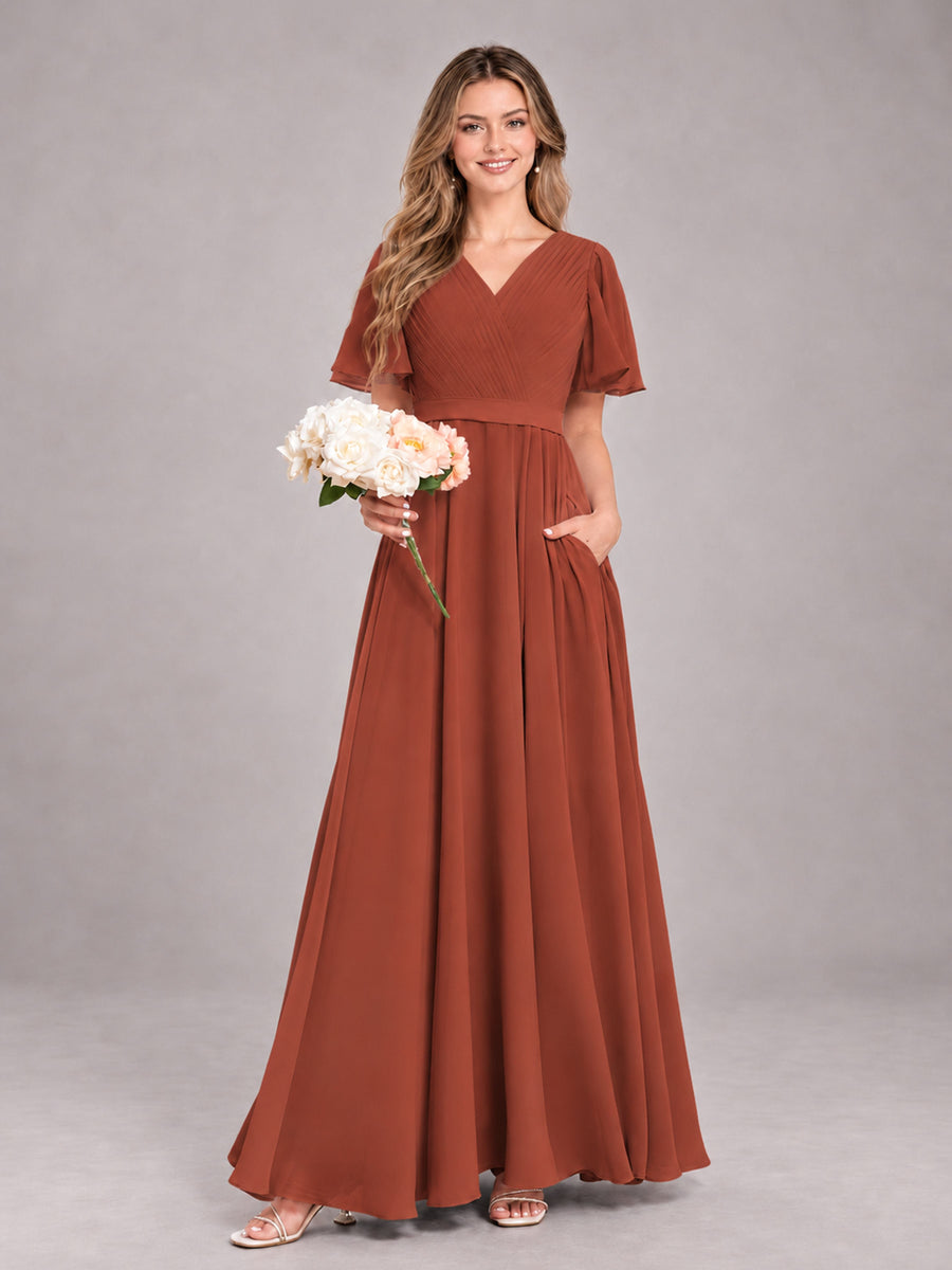 Rust Trendy V-Neck Short Sleeves Chiffon Bridesmaid Dress With Pockets