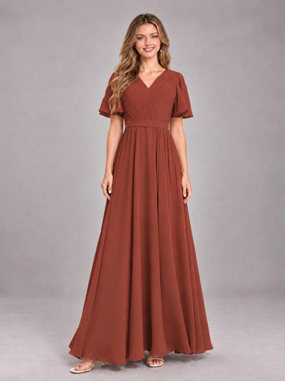 Rust Trendy V-Neck Short Sleeves Chiffon Bridesmaid Dress With Pockets