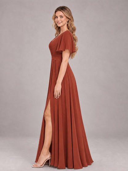 Rust Trendy V-Neck Short Sleeves Chiffon Bridesmaid Dress With Pockets