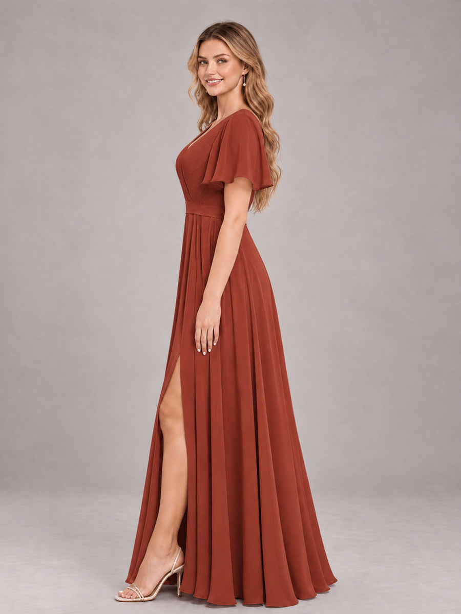 Rust Trendy V-Neck Short Sleeves Chiffon Bridesmaid Dress With Pockets