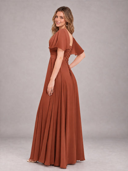 Rust Trendy V-Neck Short Sleeves Chiffon Bridesmaid Dress With Pockets