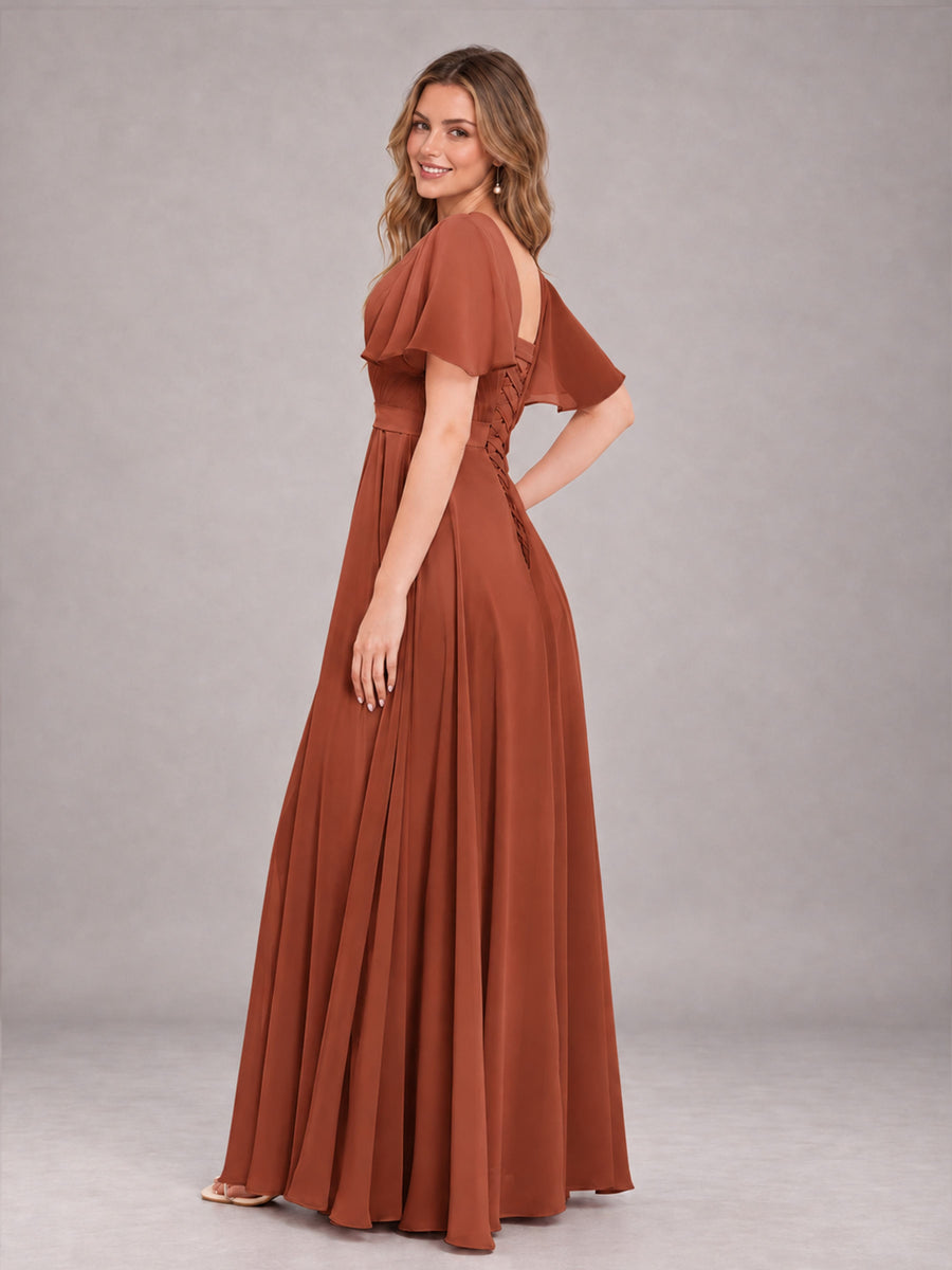 Rust Trendy V-Neck Short Sleeves Chiffon Bridesmaid Dress With Pockets