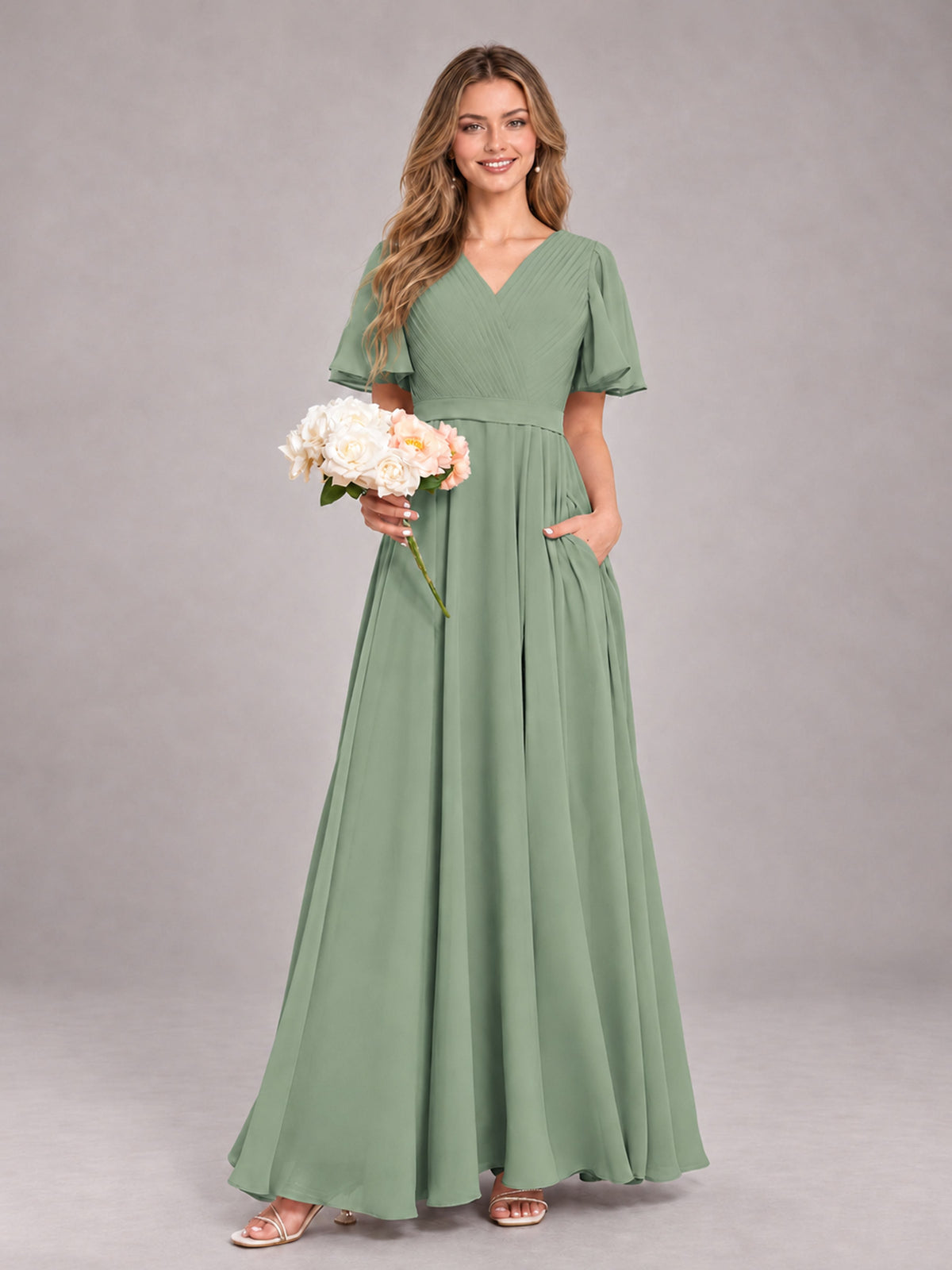 Sage Green Trendy V-Neck Short Sleeves Chiffon Bridesmaid Dress With Pockets
