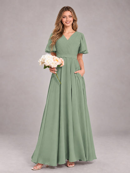 Sage Green Trendy V-Neck Short Sleeves Chiffon Bridesmaid Dress With Pockets