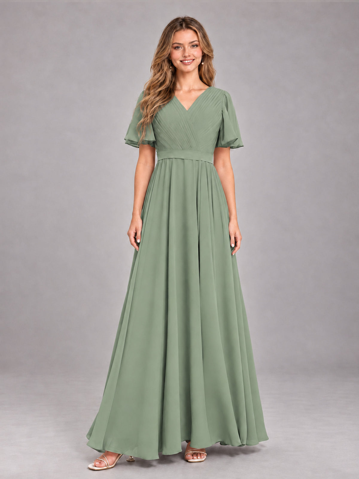 Sage Green Trendy V-Neck Short Sleeves Chiffon Bridesmaid Dress With Pockets