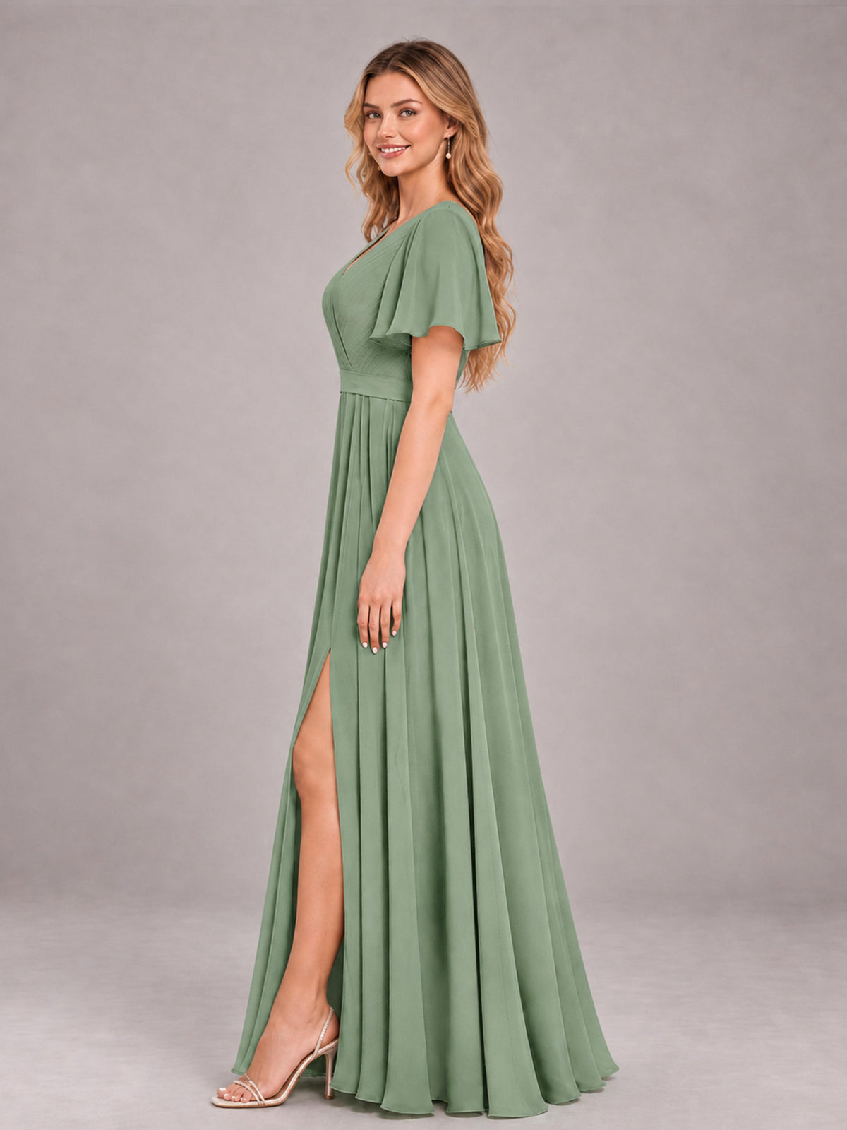 Sage Green Trendy V-Neck Short Sleeves Chiffon Bridesmaid Dress With Pockets