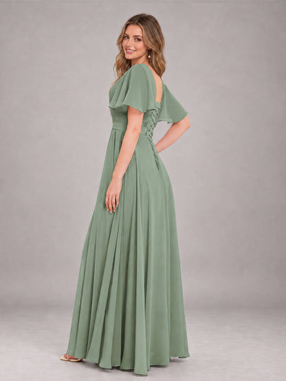 Sage Green Trendy V-Neck Short Sleeves Chiffon Bridesmaid Dress With Pockets