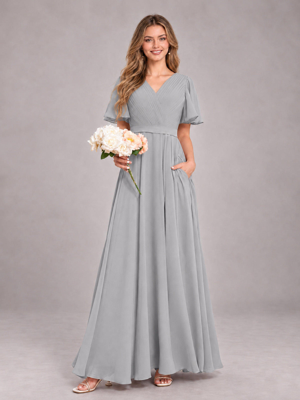 Silver Trendy V-Neck Short Sleeves Chiffon Bridesmaid Dress With Pockets