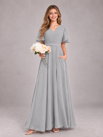 Silver Trendy V-Neck Short Sleeves Chiffon Bridesmaid Dress With Pockets