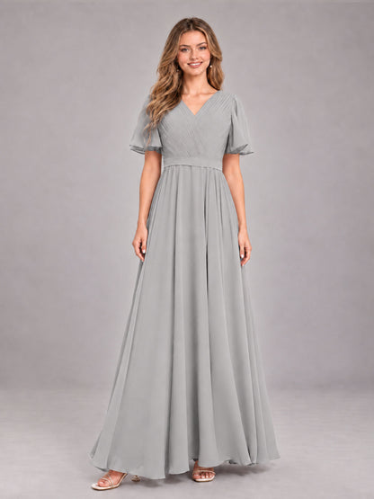 Silver Trendy V-Neck Short Sleeves Chiffon Bridesmaid Dress With Pockets