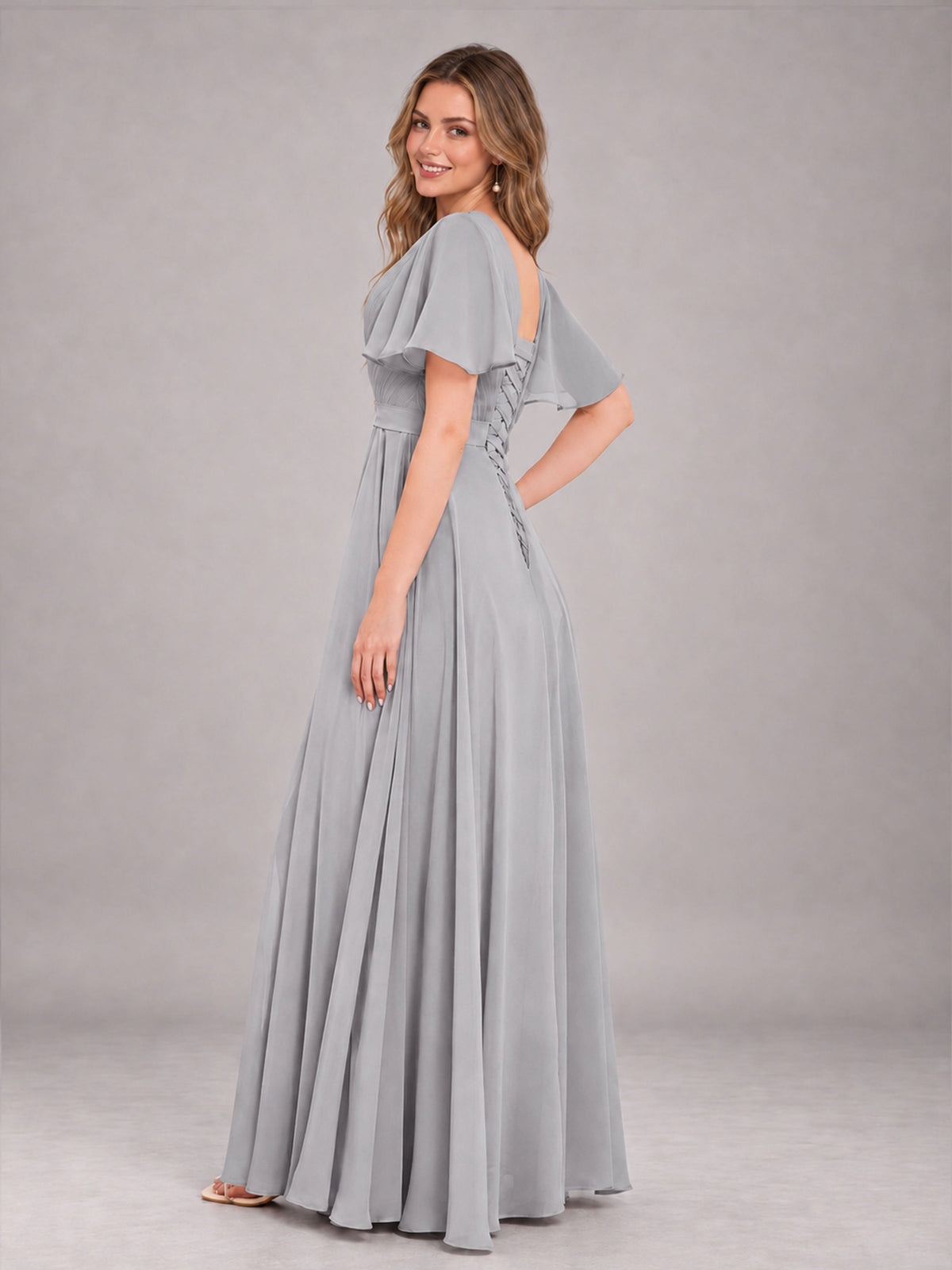 Silver Trendy V-Neck Short Sleeves Chiffon Bridesmaid Dress With Pockets