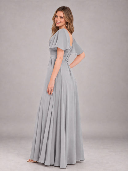 Silver Trendy V-Neck Short Sleeves Chiffon Bridesmaid Dress With Pockets