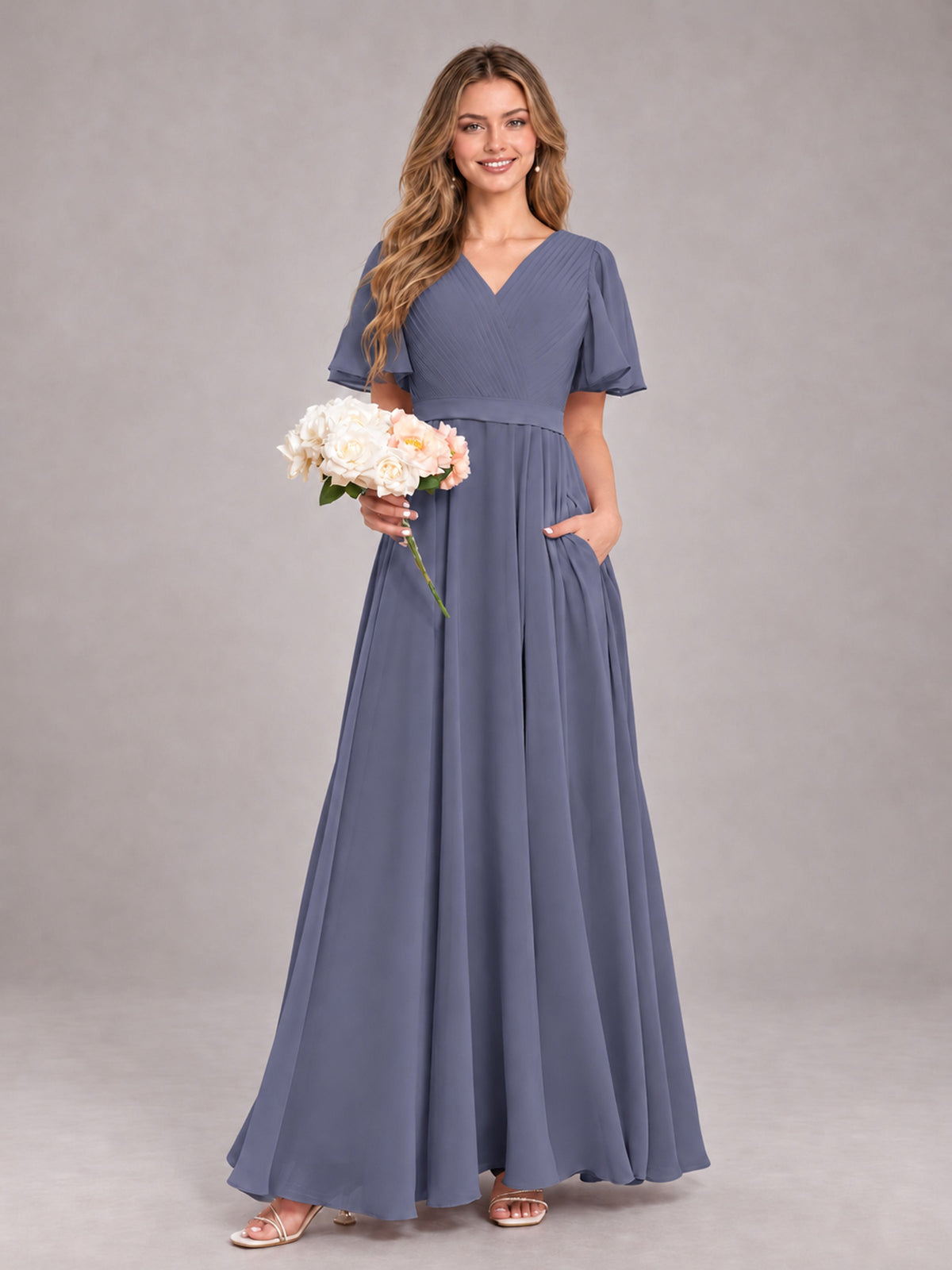 Stormy Blue Trendy V-Neck Short Sleeves Chiffon Bridesmaid Dress With Pockets