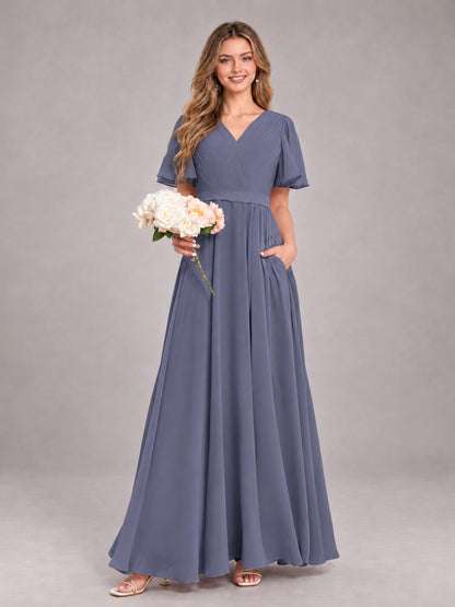 Stormy Blue Trendy V-Neck Short Sleeves Chiffon Bridesmaid Dress With Pockets
