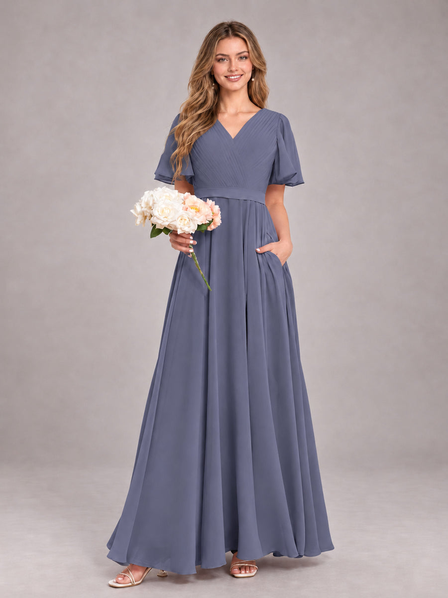 Stormy Blue Trendy V-Neck Short Sleeves Chiffon Bridesmaid Dress With Pockets
