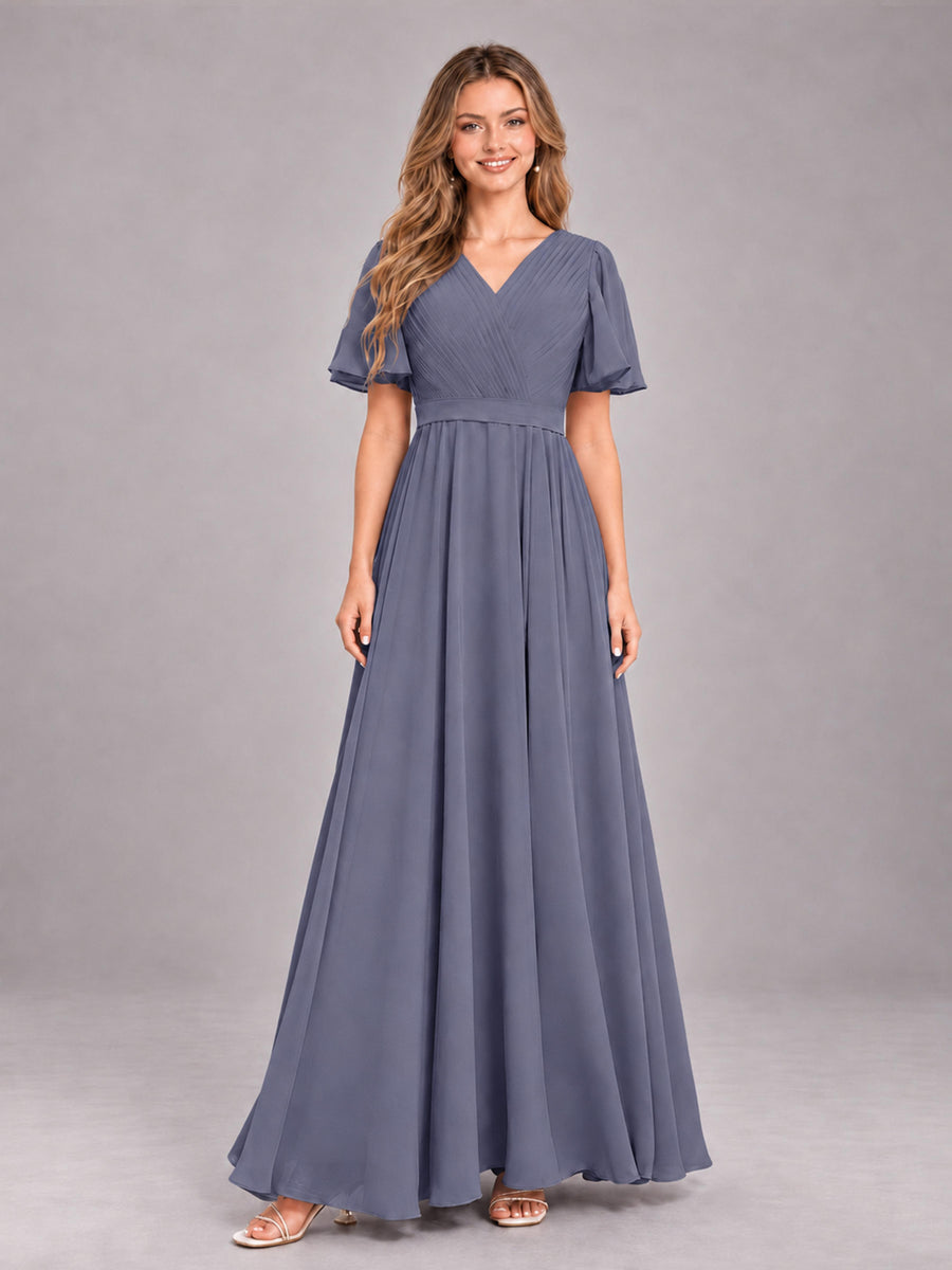 Stormy Blue Trendy V-Neck Short Sleeves Chiffon Bridesmaid Dress With Pockets