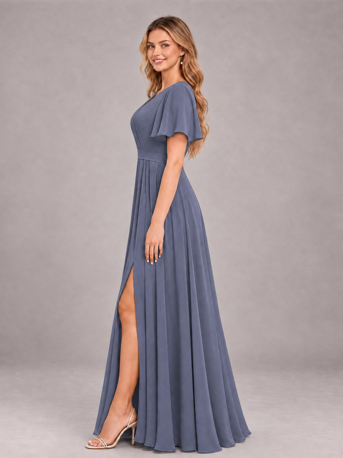 Stormy Blue Trendy V-Neck Short Sleeves Chiffon Bridesmaid Dress With Pockets