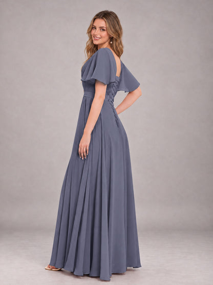 Stormy Blue Trendy V-Neck Short Sleeves Chiffon Bridesmaid Dress With Pockets