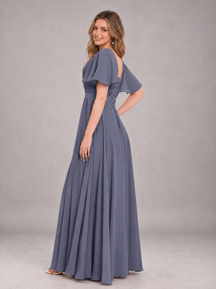 Stormy Blue Trendy V-Neck Short Sleeves Chiffon Bridesmaid Dress With Pockets