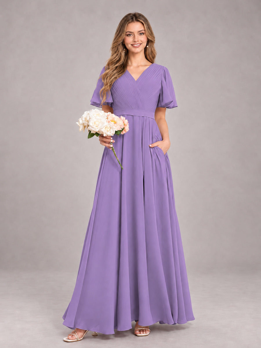 Tahiti Trendy V-Neck Short Sleeves Chiffon Bridesmaid Dress With Pockets