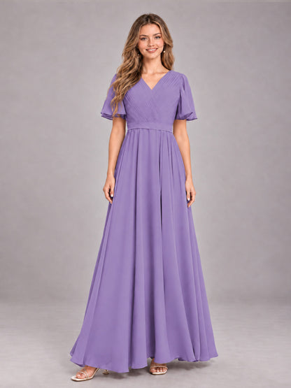 Tahiti Trendy V-Neck Short Sleeves Chiffon Bridesmaid Dress With Pockets