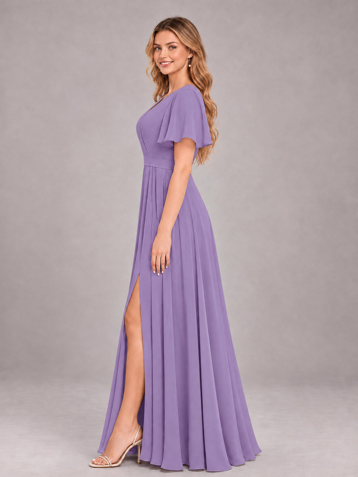 Tahiti Trendy V-Neck Short Sleeves Chiffon Bridesmaid Dress With Pockets