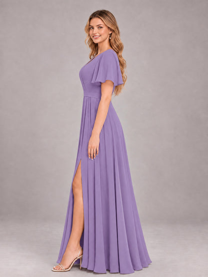Tahiti Trendy V-Neck Short Sleeves Chiffon Bridesmaid Dress With Pockets