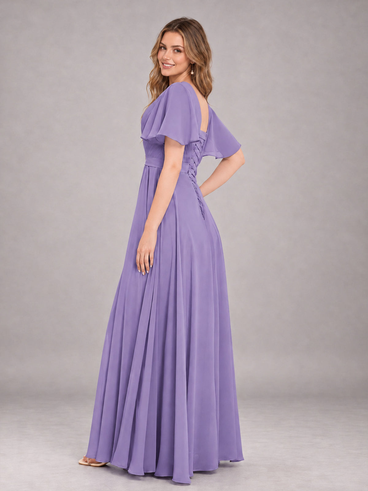 Tahiti Trendy V-Neck Short Sleeves Chiffon Bridesmaid Dress With Pockets