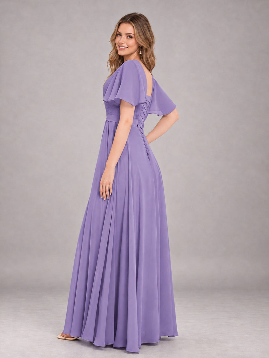 Tahiti Trendy V-Neck Short Sleeves Chiffon Bridesmaid Dress With Pockets