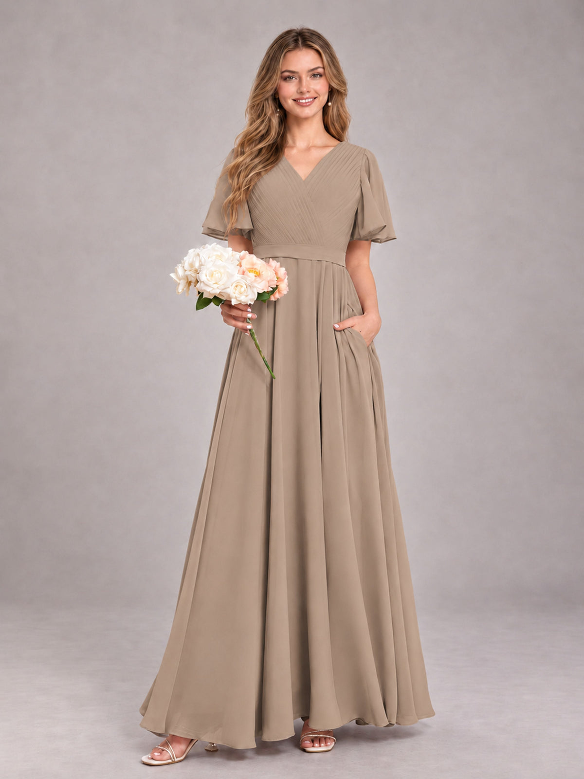 Taupe Trendy V-Neck Short Sleeves Chiffon Bridesmaid Dress With Pockets