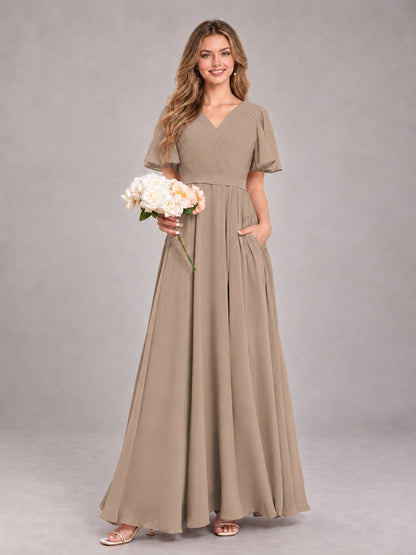 Taupe Trendy V-Neck Short Sleeves Chiffon Bridesmaid Dress With Pockets