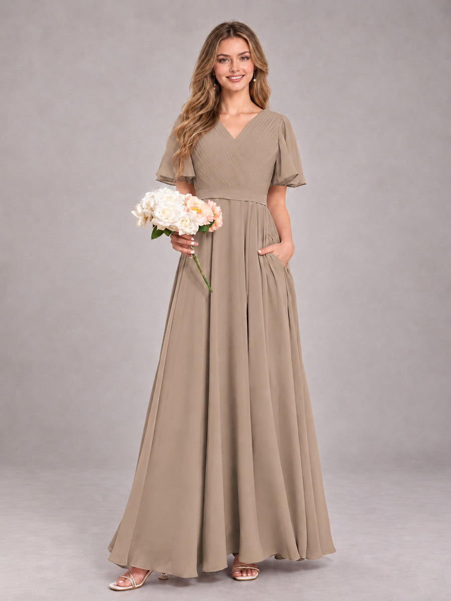 Taupe Trendy V-Neck Short Sleeves Chiffon Bridesmaid Dress With Pockets