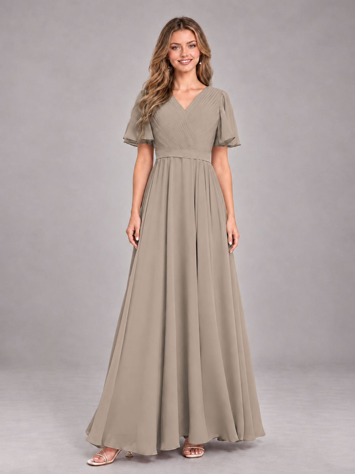 Taupe Trendy V-Neck Short Sleeves Chiffon Bridesmaid Dress With Pockets