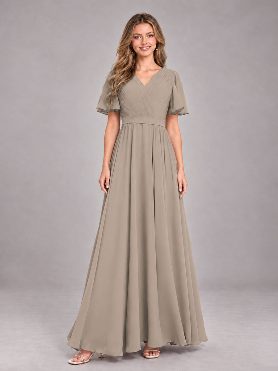 Taupe Trendy V-Neck Short Sleeves Chiffon Bridesmaid Dress With Pockets