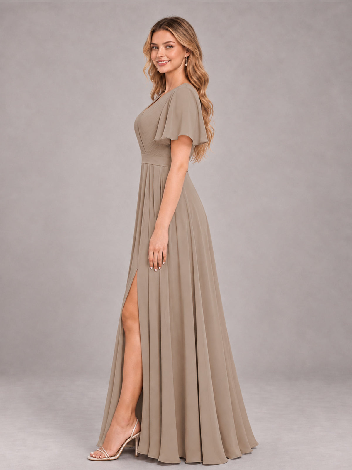 Taupe Trendy V-Neck Short Sleeves Chiffon Bridesmaid Dress With Pockets