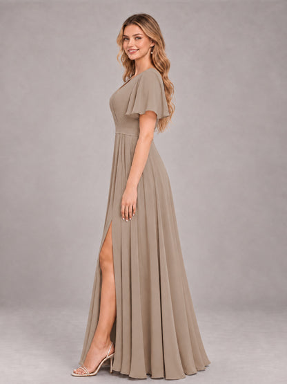 Taupe Trendy V-Neck Short Sleeves Chiffon Bridesmaid Dress With Pockets