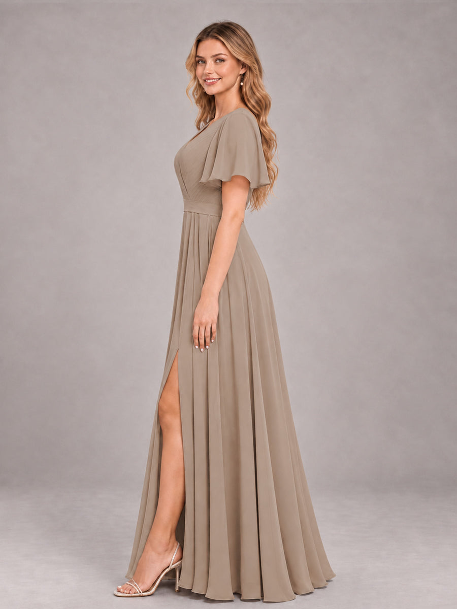 Taupe Trendy V-Neck Short Sleeves Chiffon Bridesmaid Dress With Pockets