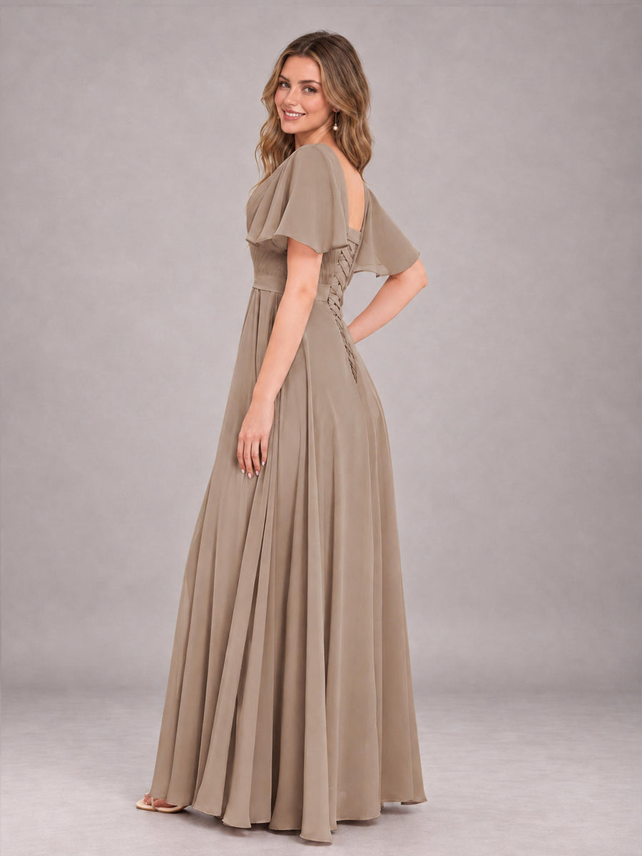 Taupe Trendy V-Neck Short Sleeves Chiffon Bridesmaid Dress With Pockets