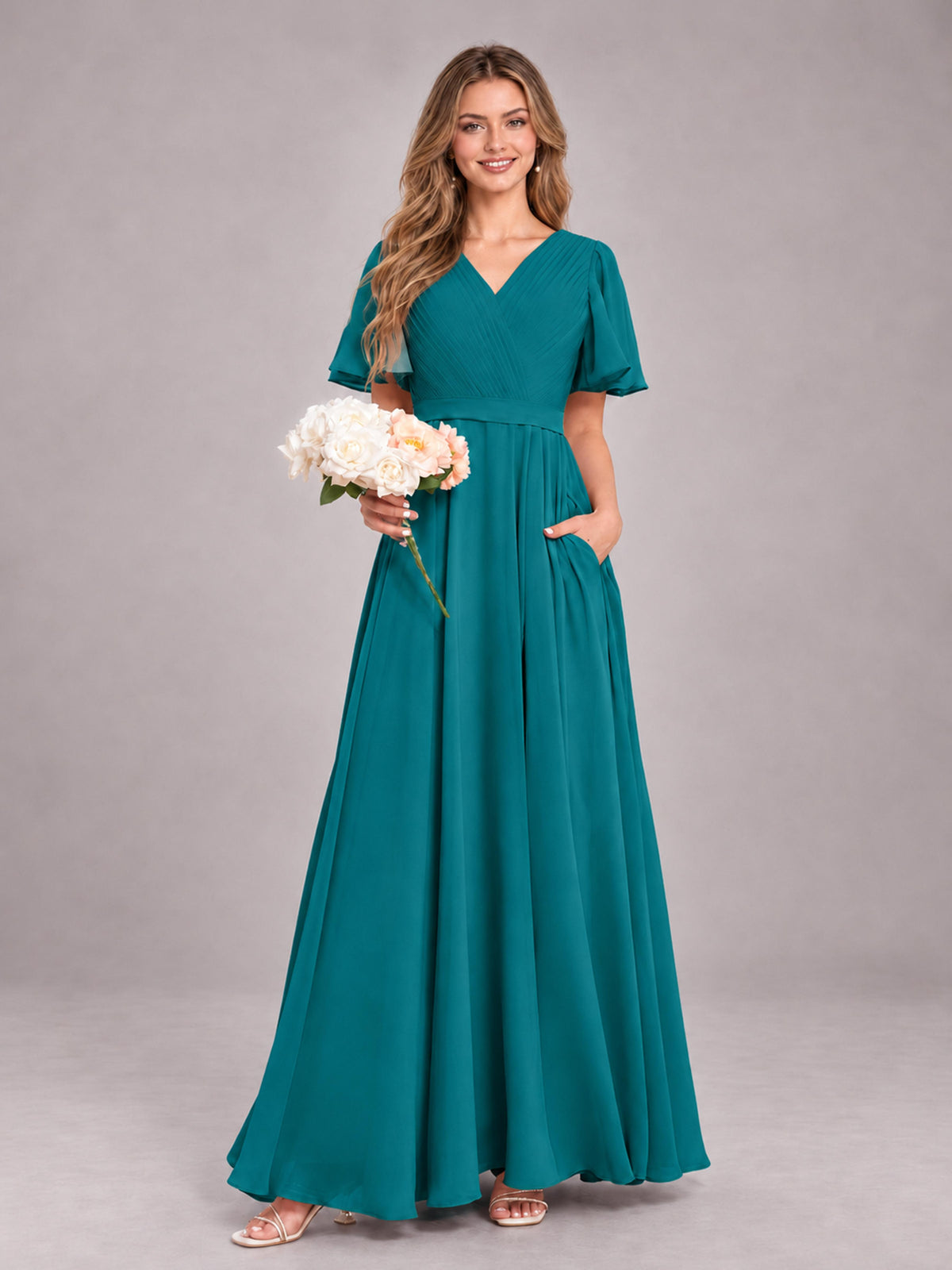 Teal Trendy V-Neck Short Sleeves Chiffon Bridesmaid Dress With Pockets