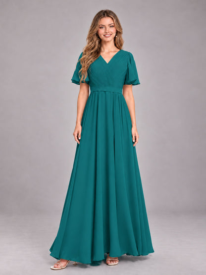 Teal Trendy V-Neck Short Sleeves Chiffon Bridesmaid Dress With Pockets