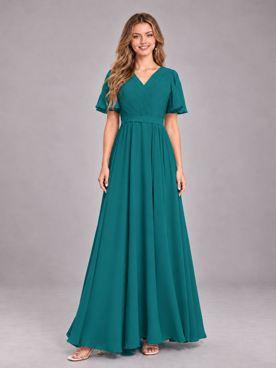 Teal Trendy V-Neck Short Sleeves Chiffon Bridesmaid Dress With Pockets