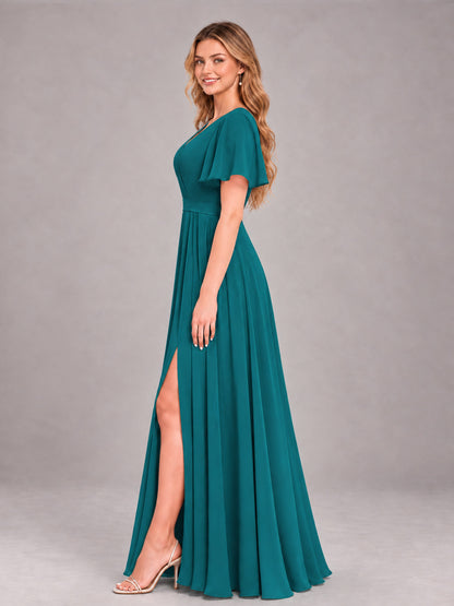 Teal Trendy V-Neck Short Sleeves Chiffon Bridesmaid Dress With Pockets