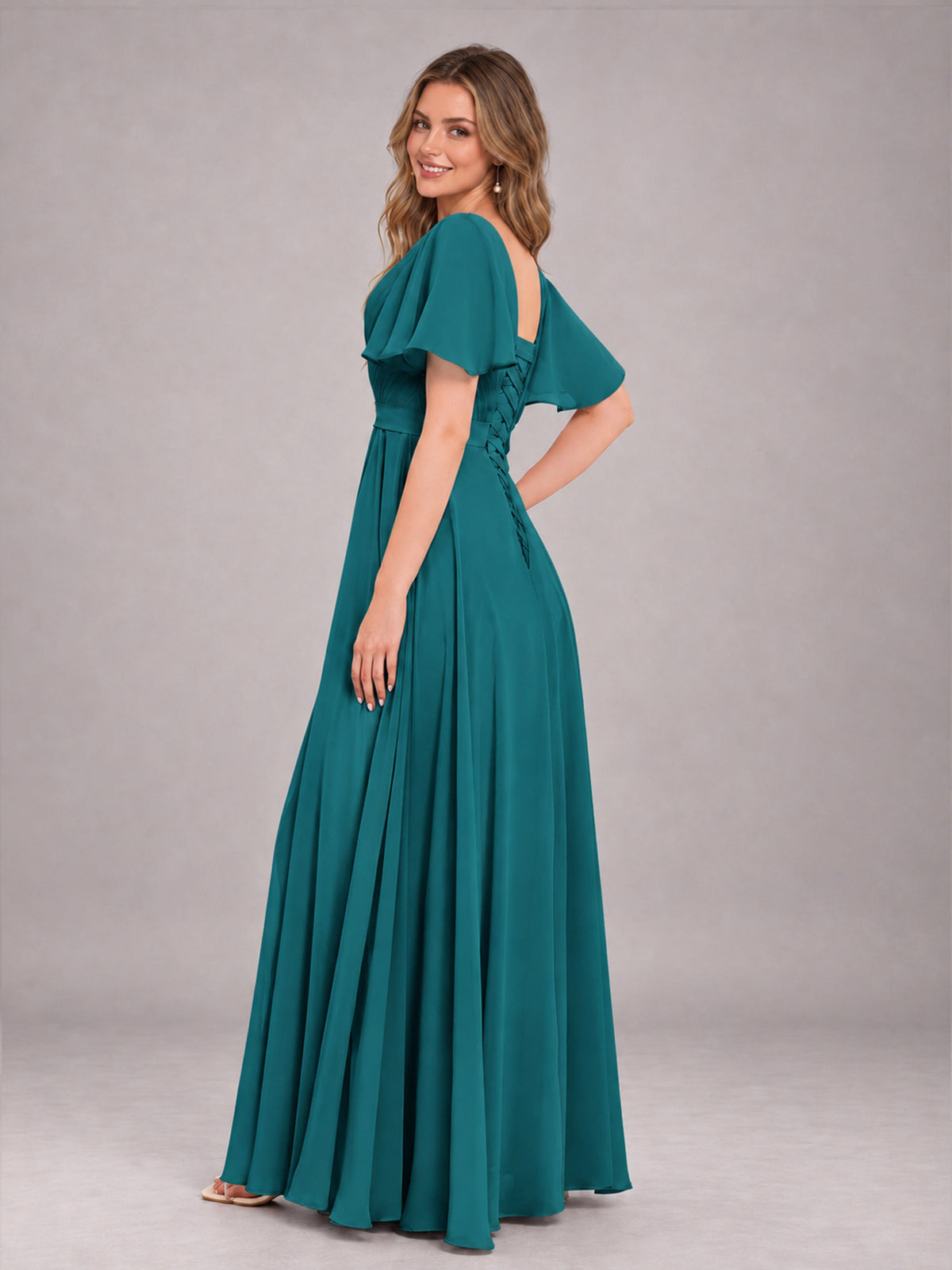Teal Trendy V-Neck Short Sleeves Chiffon Bridesmaid Dress With Pockets
