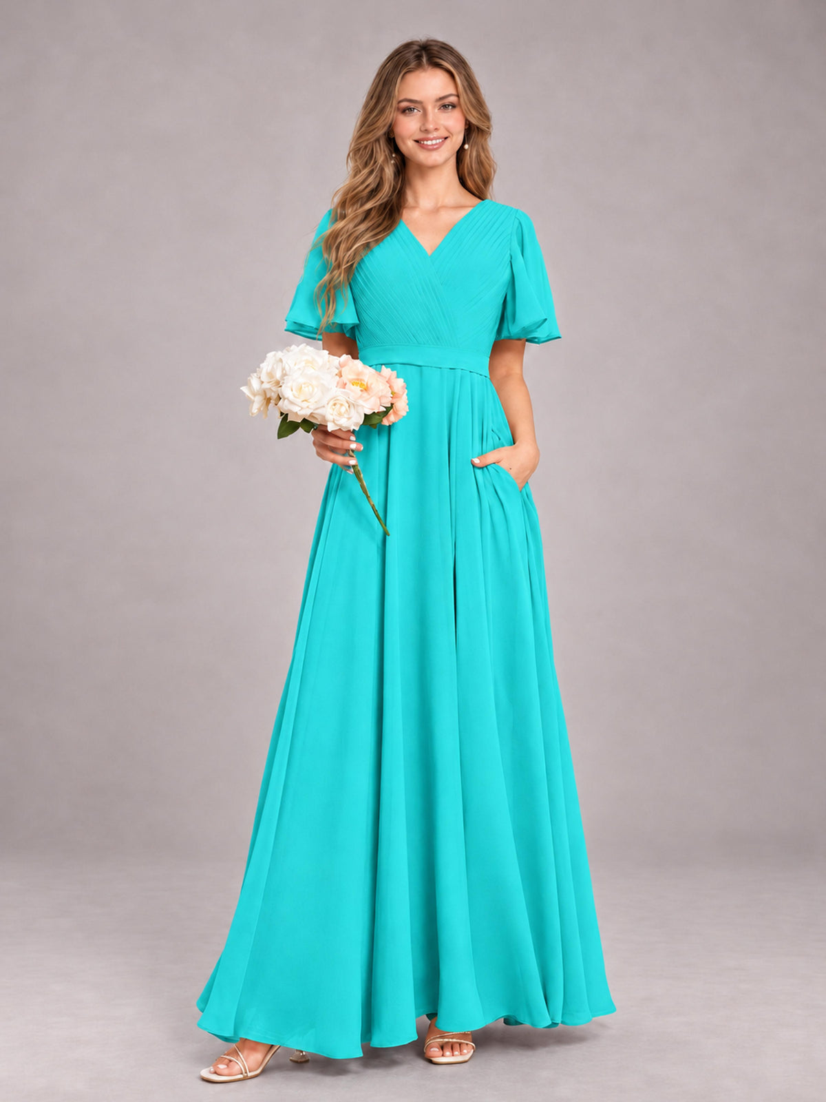 Turquoise Trendy V-Neck Short Sleeves Chiffon Bridesmaid Dress With Pockets