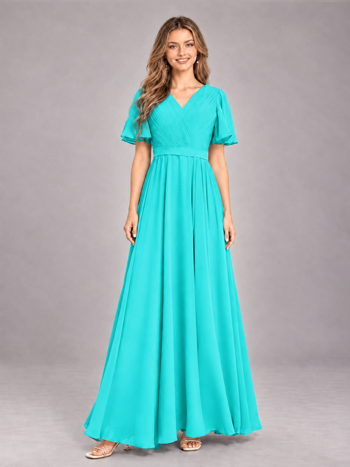 Turquoise Trendy V-Neck Short Sleeves Chiffon Bridesmaid Dress With Pockets