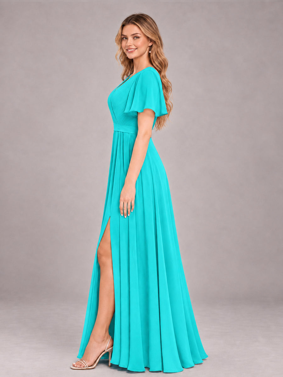 Turquoise Trendy V-Neck Short Sleeves Chiffon Bridesmaid Dress With Pockets