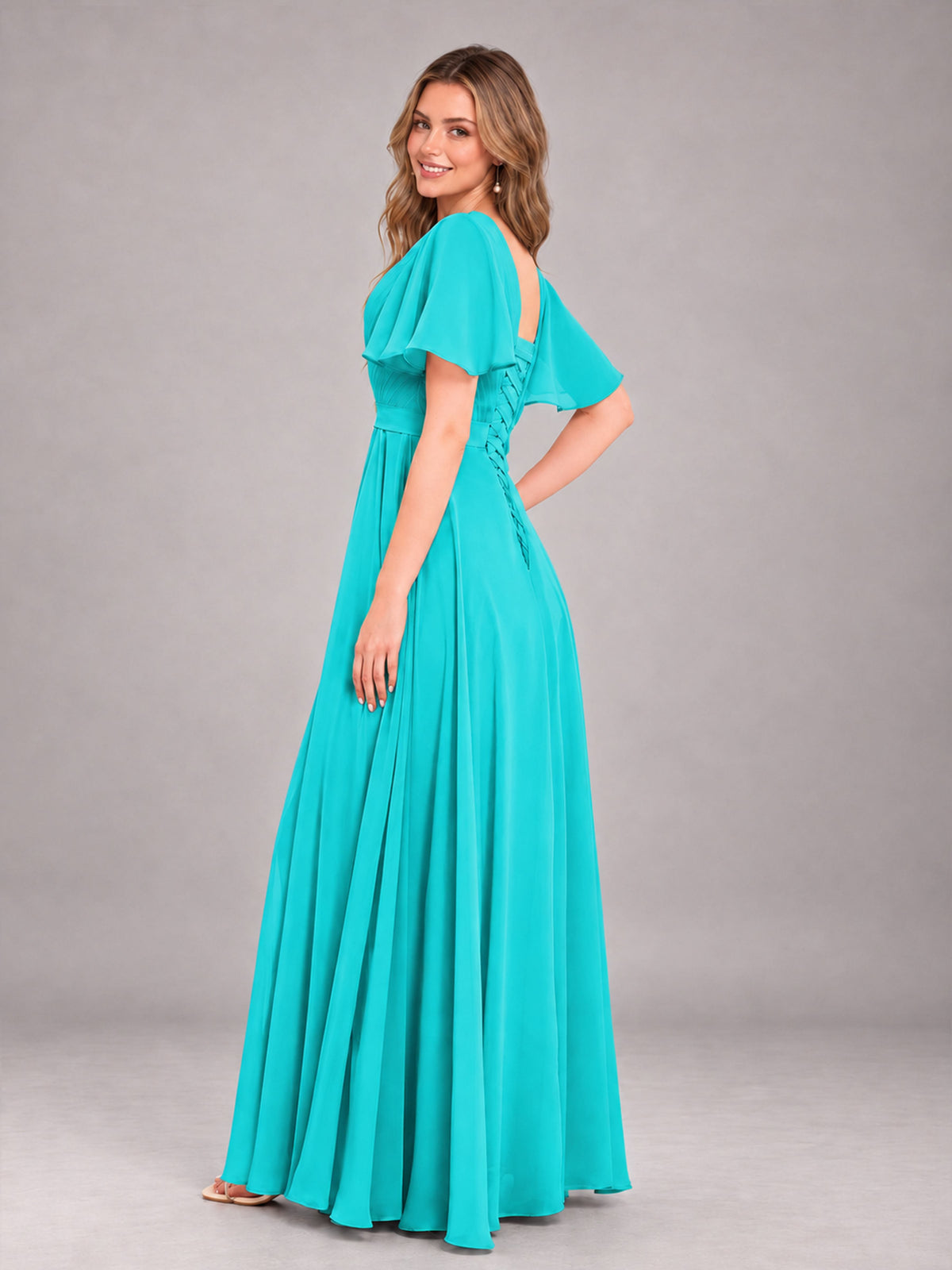 Turquoise Trendy V-Neck Short Sleeves Chiffon Bridesmaid Dress With Pockets